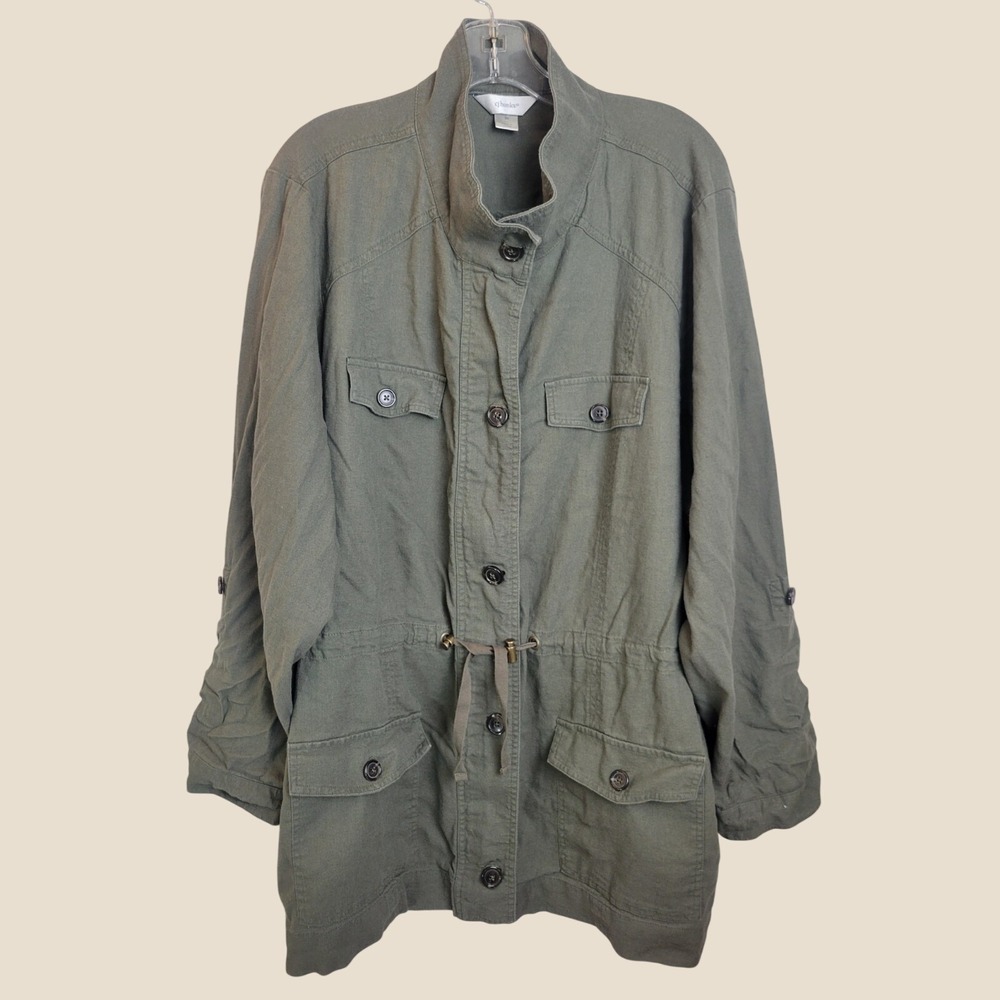 CJ banks Utility Jacket Safari Military Gorpcore Linen Blend Olive Green Plus 3X